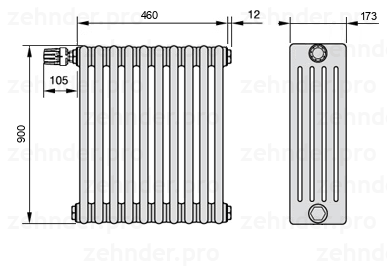 Схема (чертеж) Радиатор Zehnder Charleston 5090/10 №V011 Белый глянцевый RAL 9016